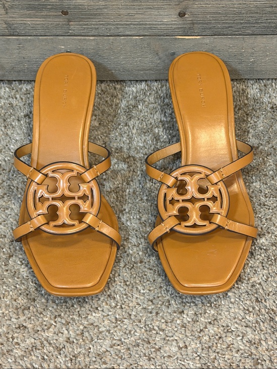 Tory Burch Shoes - Tory Burch Miller Double Strap Leather Slide Sandals Gold Kitten Heel Tan SZ 11